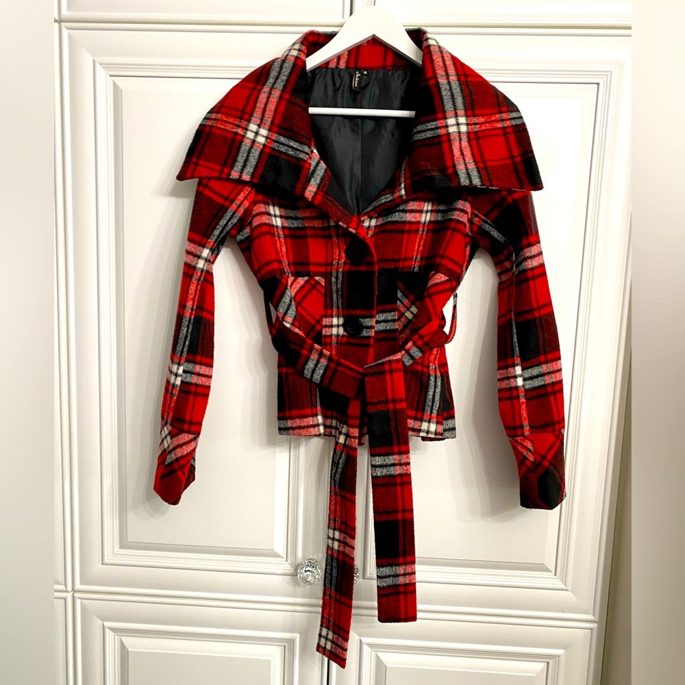 Ambition Women's Sz Medium Red and Black Plaid Lightweight Wool Jacket Wrap Belt